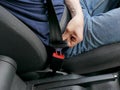 Details of hand putting on safety belt