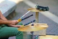 Details of the hands of a drummer making music in Ermou street Royalty Free Stock Photo