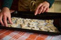 Details: Hands of a housewife put cookies cut out of gingerbread dough on the baking sheet, preparing Christmas pastries