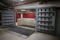 Details with the heavy metal doors of a nuclear explosion shelter fallout shelter, four stories below ground in a deep