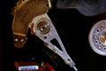 Details of inside computer hard drive showing read write arm Royalty Free Stock Photo