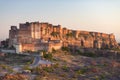 Details of Jodhpur fort at sunset. The majestic fort perched on top dominating the blue town. Scenic travel destination and famous Royalty Free Stock Photo