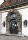 Jugendstil stone-carved decorations of an entrance door, at the Sprudelhof, mineral waters spa complex, Bad Nauheim, Germany Royalty Free Stock Photo