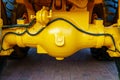 Details of a large quarry bulldozer. Exhibition of cars, tractors, dump trucks and other equipment for the mining industry. Spare