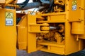 Details of a large quarry bulldozer. Exhibition of cars, tractors, dump trucks and other equipment for the mining industry. Spare