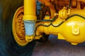 Details of a large quarry bulldozer. Exhibition of cars, tractors, dump trucks and other equipment for the mining industry. Spare