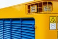 Details of a large quarry bulldozer. Exhibition of cars, tractors, dump trucks and other equipment for the mining industry. Spare