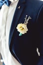 Details of male wedding clothes. Beautiful boutonniere pinned on man in blue suit, white shirt and blue bow tie. Royalty Free Stock Photo