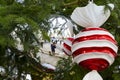 Details of the 18 meter natural fir Christmas ornaments. Located in the Plaza de EspaÃÂ±a in Madrid, in Spain. Europe.