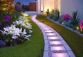 Details of modern garden landscape design, Illuminated path in front of a residential building