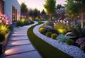 Details of modern garden landscape design, Illuminated path in front of a residential building