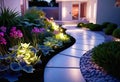 Details of modern garden landscape design, Illuminated path in front of a residential building