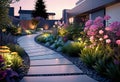 Details of modern garden landscape design, Illuminated path in front of a residential building