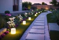 Details of modern garden landscape design, Illuminated path in front of a residential building