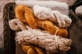 Natural yellow silk thread and cotton fiber rolls Royalty Free Stock Photo