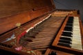 Details of an old baroque clavichord strings keyboard Royalty Free Stock Photo