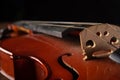 Details of an old and beautiful violin on a rustic wooden surface and black background, low key portrait, selective focus Royalty Free Stock Photo