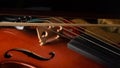 Details of an old and beautiful violin on a rustic wooden surface and black background, low key portrait, selective focus Royalty Free Stock Photo