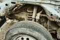 Details of old car. Aged oldtimer vintage automobile. Spare parts of retro classic automobile. Disassembled car in a Royalty Free Stock Photo