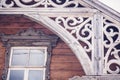 Details of the old historical wooden architecture, Rakvere, Estonia. Traditional house with carved wooden details