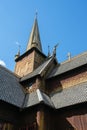 Details of the old wooden Lom Stave Church at daytime in summer