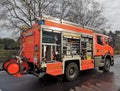 Details of an open fire brigade truck with a view of various devices and pieces of equipment for an emergency. Royalty Free Stock Photo