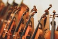 Details with parts of violins before a symphonic classical concert