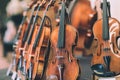 Details with parts of violins before a symphonic classical concert Royalty Free Stock Photo