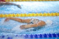 Details with a professional female athlete swimming in an olympic swimming pool