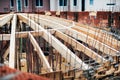 Details of roof system on monastery dome. Construction site, industrial wooden roof systems Royalty Free Stock Photo