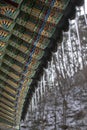 Details of the roofs of traditional Korean houses,Icicles hanging from roof of wooden temple, South Korea Royalty Free Stock Photo