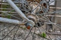 Details of a rusty bicycle wheel, Close up Bicycle Part with Old Cassette Gear is rusty. Bicycle Gear is rusty.
