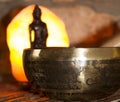 Singing bowl, Bouddha and himalayan salt lamp