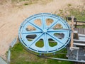 Details of the ski lift engine wheel. Elements of the steel wheel Royalty Free Stock Photo