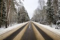 details of the snow-covered road in forest Royalty Free Stock Photo