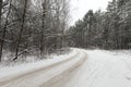 details of the snow-covered road in forest Royalty Free Stock Photo