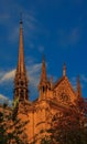 Details of the southern facade of Notre Dame de Paris Cathedral facade with the rose window and ornate spires in the warm light of