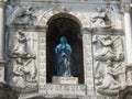 Details of the St. Paul`s Cathedral ruins, with a statue of a saint