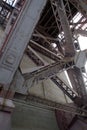 Details of the steel structures and trusses of the base of the Hell Gate Bridge, Queens, NY Royalty Free Stock Photo