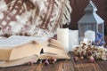 Details of still life in the home interior living room.Vintage, rustic. Cosy autumn-winter concept