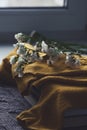 Details of still life in the home interior. Sweater, cup, wool, cozy, book, candle. Moody. Cosy autumn winter concept. Royalty Free Stock Photo