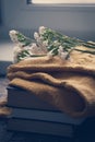 Details of still life in the home interior. Sweater, cup, wool, cozy, book, candle. Moody. Cosy autumn winter concept. Royalty Free Stock Photo