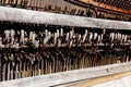 Details of strings and keys Inside of a broken wooden piano, in Arizona Royalty Free Stock Photo