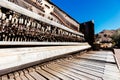 Details of strings and keys Inside of a broken wooden piano, in Arizona Royalty Free Stock Photo