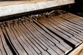 Details of strings and keys Inside of a broken wooden piano, in Arizona Royalty Free Stock Photo