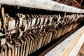 Details of strings and keys Inside of a broken wooden piano, in Arizona Royalty Free Stock Photo