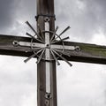 Details of Summit Cross of Mount Hoher Ziegspitz, 1864 m in Ammergauer Alps, in Garmisch-Partenkirchen, Upper Bavaria, Germany