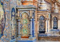 Details of tile columns and walls of famous Plaza de Espana, example of architecture of Andalusia, Sevilla