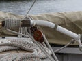 Wooden pulleys and ropes on vintage sailing boat Royalty Free Stock Photo