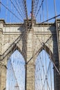 Details of the towers with the steel cables of the Brooklyn bridge in New York, United States Royalty Free Stock Photo